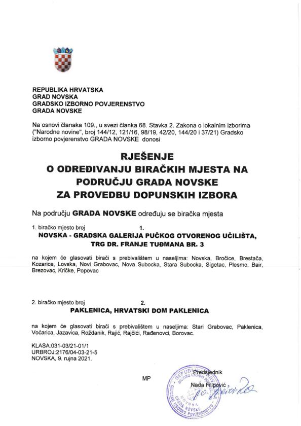 Rješenje o određivanju biračkih mjesta na području Grada Novske za provedbu dopunskih izbora