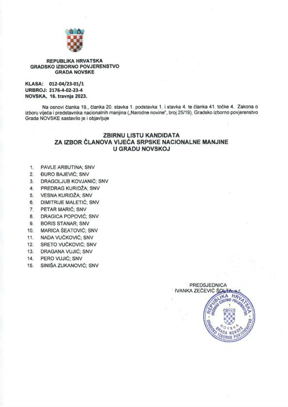 ZBIRNA LISTA KANDIDATA ZA IZBOR ČLANOVA VIJEĆA SRPSKE NACIONALNE MANJINE U GRADU NOVSKOJ