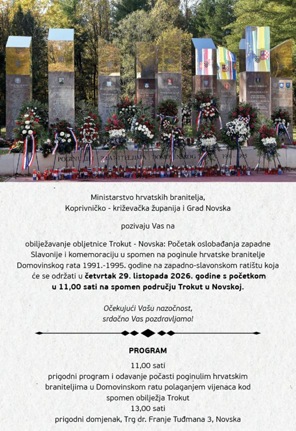 Pozivnica na obilježavanje obljetnice Trokut - Novska, početak oslobađanja Zapadne Slavonije i komemoracija u spomen na poginule hrvatske branitelje